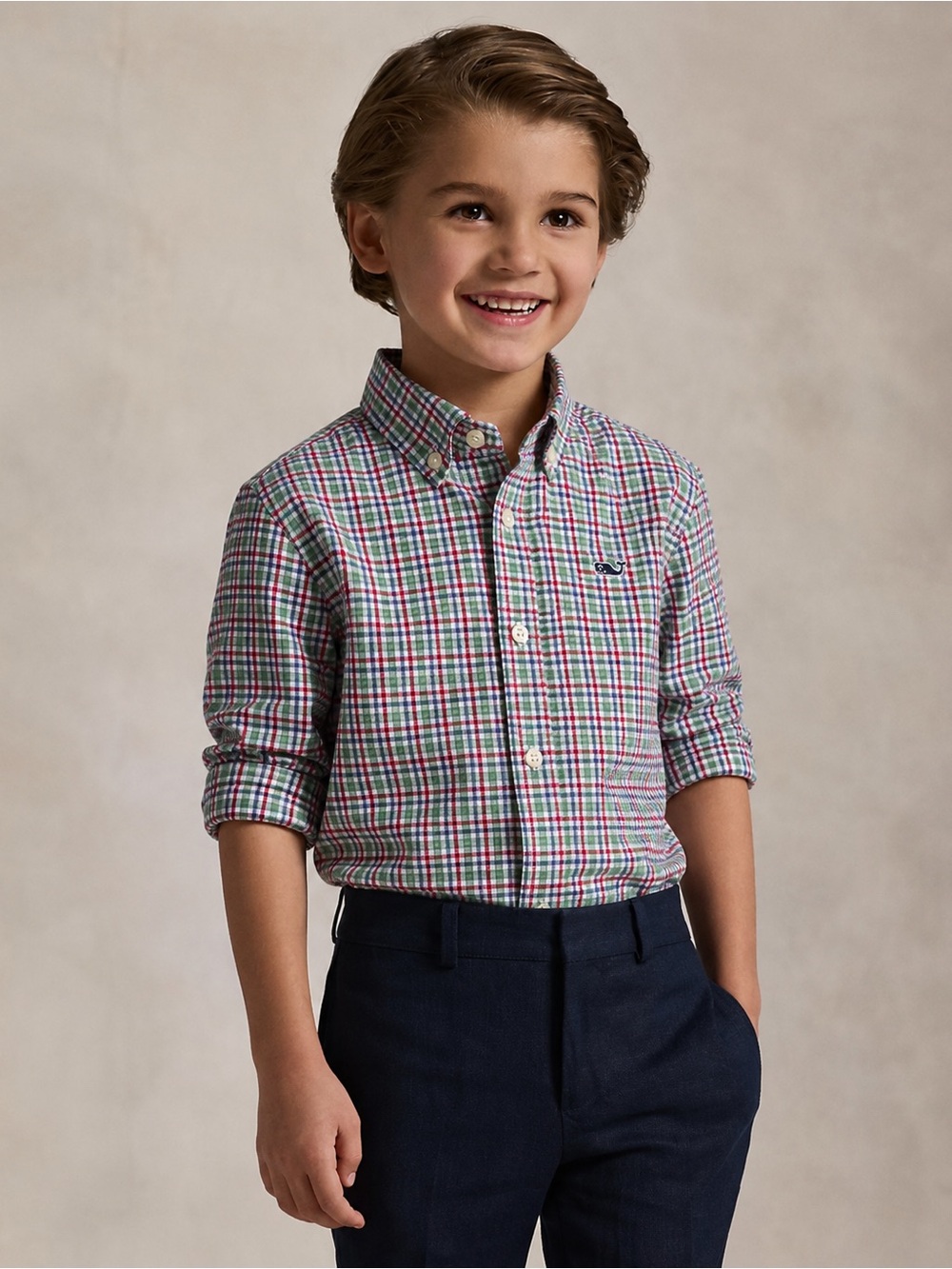 Vineyard Vines Boys Plaid Button Down Shirt 3T Red Green Blue Whale Logo Cotton